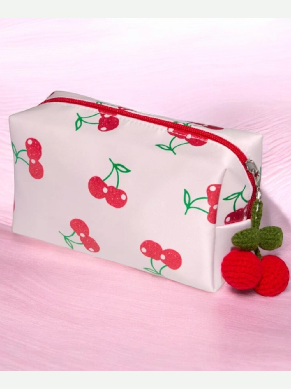 Ulta Cherry Print Cosmetic Bag -with Red Cherries dangle charm, surprises inside
